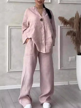 Cotton Linen Sets Two 2 Pieces Sale Casual Long Sleeve Button Loose Blouse Shirt&High Elastic Wide Leg Loose Pant Suits NMD-3021
