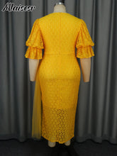 Mlaiscsr Yellow Birthday Prom Floral Lace Puff Sleeve See-Through Midi Dresses Elegant Sweet Wedding Guest Cocktail Vestidos New