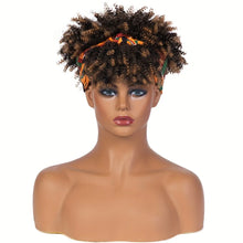 Short Kinky Curly Headband Wig Afro Puff Curly Headband Wig with Bangs for Women Natural Ombre Blonde Synthetic Turban Wrap Wig