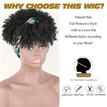 Short Kinky Curly Headband Wig Afro Puff Curly Headband Wig with Bangs for Women Natural Ombre Blonde Synthetic Turban Wrap Wig