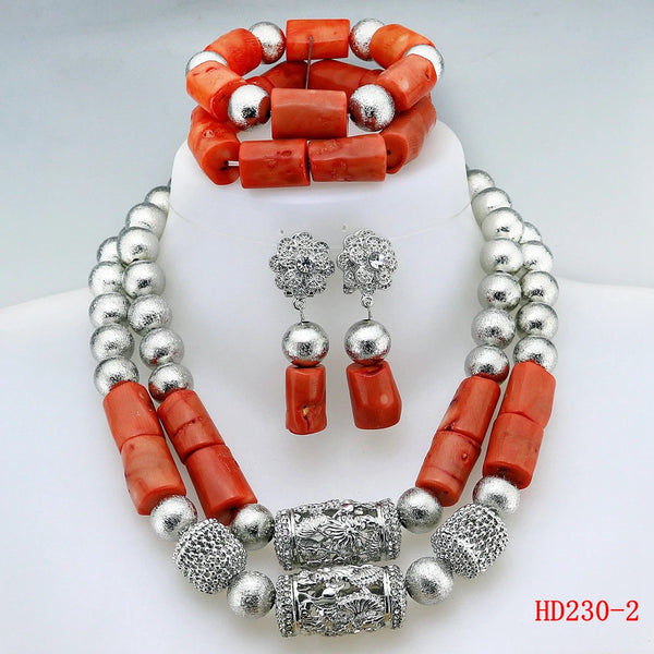 Double Layeres Original Coral Nigerian Wedding Beads Jewelry Set Women Coral Costume Necklace Set