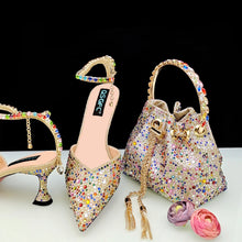 New Gold Glitter Fabric Pointed Toe High Heels With A Variety Of Shapes Of Rhinestones Fashion Party Ladies Shoes And Bag