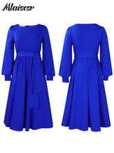 Mlaiscsr Elegant Dinner Prom Yellow A Line Mid Dresses Women O Neck Full Sleeve Belt Waisted Pleated  Female Birthday Party Robe