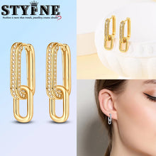 Elegant 925 Sterling Silver Double Square Buckle K Gold Set Pavé Earrings Women's Anniversary Party Jewelry Gift