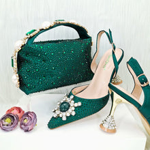 JMF New arrive Italian Design Blue Women's Fashion Rhinestone Pearl Point Toe Stiletto Heels Sandals Women's Shoes & Bag Set