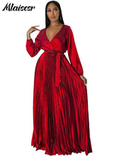 Mlaiscsr Elegant Wedding Guest Pleated Long Dress Women V Neck Lantern Sleeves Sashes Big Swing Sexy Birthday Party Evening Robe