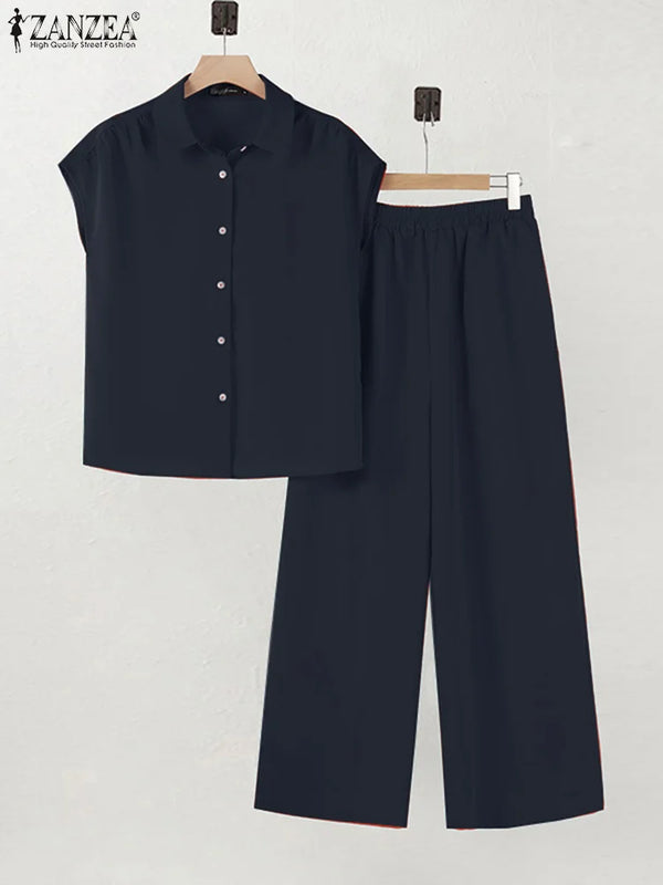 ZANZEA 2025 Summer Wide Leg Pants 2-Pieces Suits Elegant Commute Solid Causal Pant Sets Short Sleeve Shirt Women Trouser Outfits