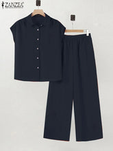 ZANZEA 2025 Summer Wide Leg Pants 2-Pieces Suits Elegant Commute Solid Causal Pant Sets Short Sleeve Shirt Women Trouser Outfits