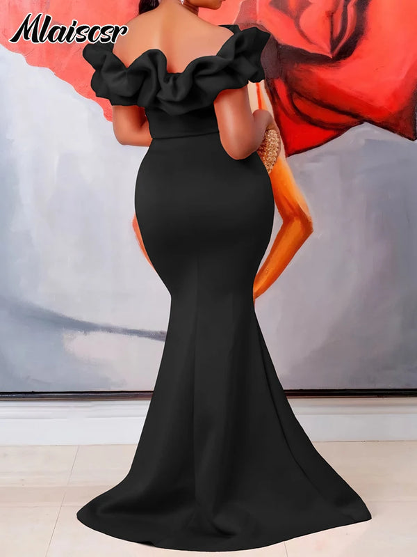 Mlaiscsr African Off the Shoulder Ruffles Black Mermaid Dress for Woman Elegant Luxury Birthday Evening Wedding Dinner Vestidos