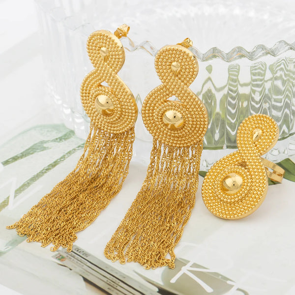 Dubai Gold Color Earrings For Women 18K Gold Plated Ring Set Ethiopian Jewelry Trend  Bride Jewellery Wedding Party Accessories