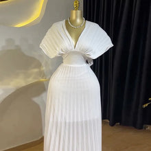 CM.YAYA Women Short Sleeve V-neck Elegant Long Pleated Dress 2025 Sweet Holiday Beach Evening Sexy Girl Party Dresses Vestidos
