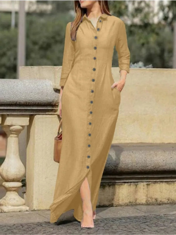 Elegant Long Dress For Women Spring Autumn Long Sleeve Solid Color Cotton And Linen Shirt Dresses Casual Button Dress Robe Femme