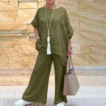 2024 Summer Fashion Cotton Linen Women's Set Large Irregular Linen Shirt High Waist Loose Wide Leg Pants Elegant Two Piece Set