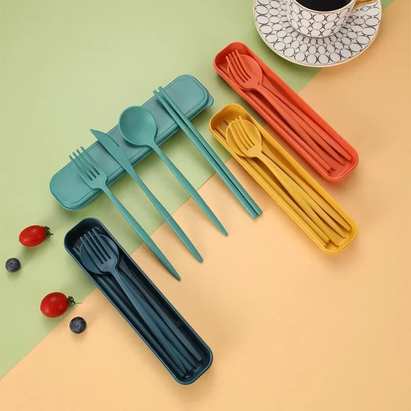 Tableware Spoon Fork Chopsticks Knife Cutlery with Box for Children Adult Travel Portable Wheat Straw Tableware