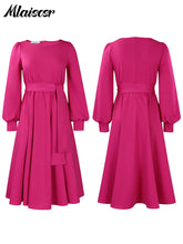 Mlaiscsr Elegant Dinner Prom Yellow A Line Mid Dresses Women O Neck Full Sleeve Belt Waisted Pleated  Female Birthday Party Robe