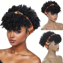 Short Kinky Curly Headband Wig Afro Puff Curly Headband Wig with Bangs for Women Natural Ombre Blonde Synthetic Turban Wrap Wig