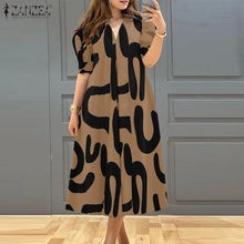 ZANZEA Women's A-line Midi Dresses Street Fashion All-Over Print Short Puff Sleeve V-Neck Robes Femme 2025 Summer Loose Vestidos