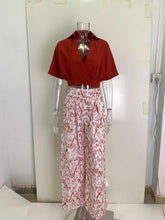 Summer New Printed Pants Sets Women Fashion Raglan Sleeves V-neck Cropped Top High Waist Wide Legs Trousers Two Piece Set Female