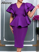 Mlaiscsr Elegant Evening Purple Mid Dress Women V-neck Ruffled Short Sleeved Lace Up Waist Bag Buttocks African Birthday Robe