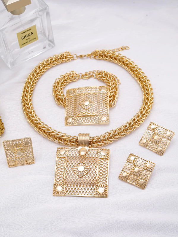 African Women 18K Gold Plated Jewelry Sets Gold Geometry Pendant Necklace Earrings Indian Wedding Party Jewelry