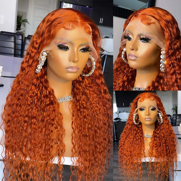 Swupod 13x4 13x6 200 Density Transparent HD Lace Front Wig for Women Deep Wave Remy Human Hair  Ginger Orange 350 Color Glueless