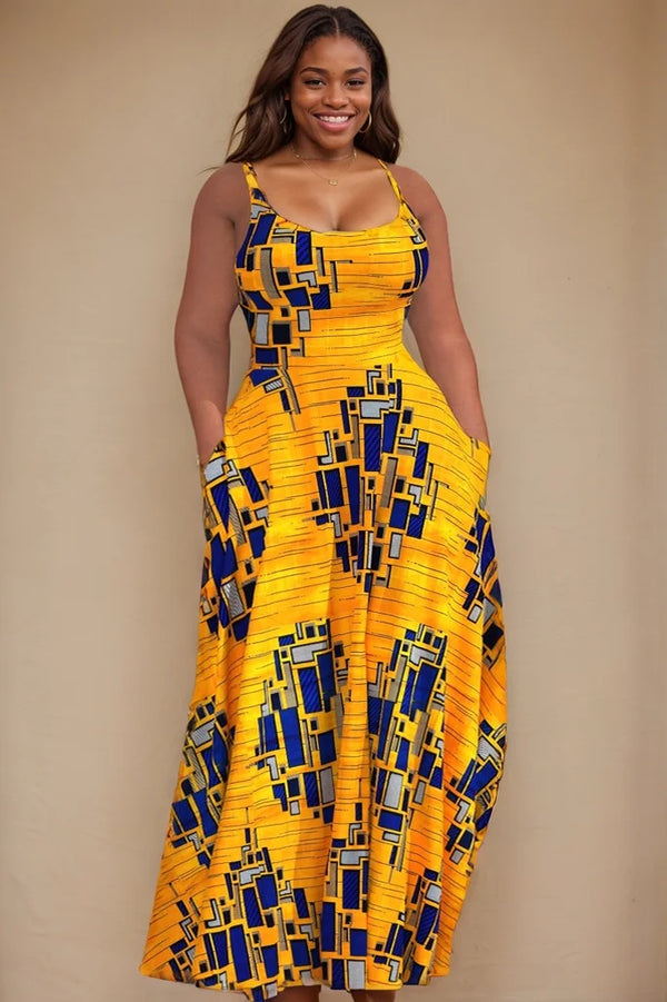 Women Plus Size Casual Tank Dress Yellow Geometric Print U Neck Sleeveless Sundress Pocket Vintage Slim Maxi Dress Sundress