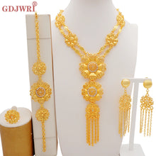 Dubai Gold Color Jewelry Set For Woman Bridal Nigerian African Long Chain Necklace Earrings Bracelet Ring Jewellery Set