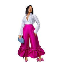 CM.YAYA Women Elegant Ruffles Hem High Waist Loose Wide Leg Flare Pants 2022 Summer Rose Red Black INS Trousers