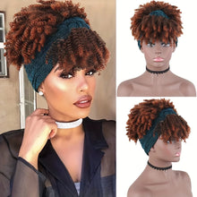 Short Kinky Curly Headband Wig Afro Puff Curly Headband Wig with Bangs for Women Natural Ombre Blonde Synthetic Turban Wrap Wig