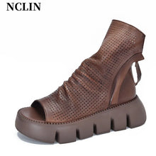 2024 New Summer Women Sandals Round Toe Chunky Heel Platform Shoes Genunine Leather Cover Heel GLADIATOR Sandals Women Handmade