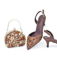 2025 New Designer Specials Italian Women Heels Shoes and Bag Set Coffee Colour Comfortable Women Pumps with Rhinestone for Party