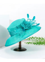 Luxury Blue Sinamay Church Hat For Women Elegant Feather Wedding Bridal Bowler Hats Cocktail Party Derby Cap Chapeau Femme