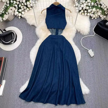 Denim Dress Women Long Dresses Turn Down Collar Sleeveless Party Club Hollow Out Jeans High Waist Slim Single Breasted Vestidos