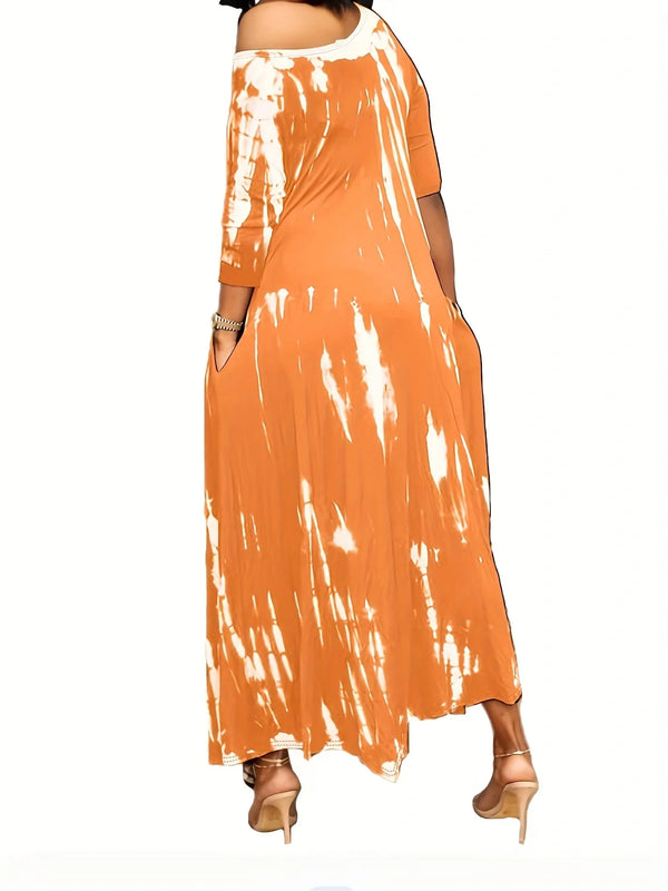 2024 summer women's long skirt slit skirt wide neck tie-dye medium stretch plus size dress
