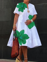 Modigirl Women's Summer New Dress 2025 V-Neck Pleated Short Sleeves White Loose Flower Print Casual Midi Dresses for Woman