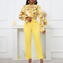 Fashion Print Two Piece Set Women Office Suits Tie Bow Neck Button Shirt + Belt Pencil Pants Elegant Slim Lady Sets Casual shirt