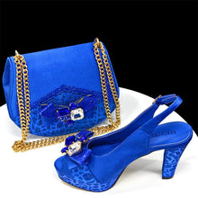 Nigerian Women Heel Party Shoes and Bag Set Royal Blue Colour Rhinestone Handbag Italian Design Wedding INS 2024