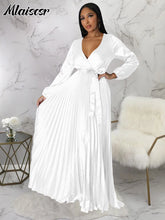 Mlaiscsr Elegant Wedding Guest Pleated Long Dress Women V Neck Lantern Sleeves Sashes Big Swing Sexy Birthday Party Evening Robe