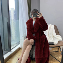 Women's Fashionable Belt Long Thick Warm Faux Fox Fur Jacket