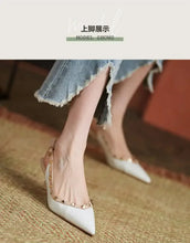 Women Sandals Rivets Pointed Toe Slingbacks Patent Leather Mid Heels Pumps Blue Snakeskin Pattern Slip on Sandalias Mujer