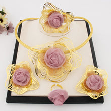 Shining Gold Plated Pink Big Flower Shape Necklace Bangle Earrings Ring Women Jewelry Set for Party Wedding Gifts