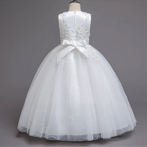 Girls White Lace Pearl Flower Princess Dress For Sequins Sleeveless First Communion Bridesmaid Wedding Formal Evening Long Gown