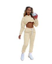 Women's Fitness Running Sets Fleece Long Sleeve Cropped Hoodies+Jogger Tracksuit