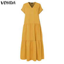 Plus Size VONDA Women Bohemian Dress 2025 Summer Sundress Solid Color Casual Short Sleeve Party Ruffled Vestidos V-Neck Robe