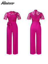 Mlaiscsr Elegant White Jumpsuits with Sashes Club Outfit for Women Lace Patchwork Short Sleeve Birthday Party One Piece Rompers