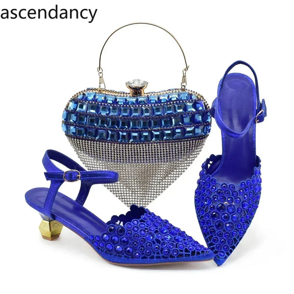 Blue Nigeria Party Shoes and Bags for Women Ladies Shoe and Bag Set Latest Designers Pointed Toe Sexy Wedding Party Sandals