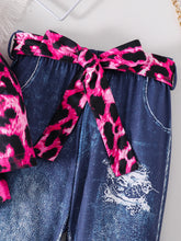 2-piece Spring and Autumn girls fashion set pink leopard print knit round neck cartoon print long sleeve + dark blue slim pants