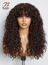 100% Human Hair Wigs with Bang Full Wig Brown Black Highlight Water Wave Machine Made Non Lace Wig with Fringe Bobbi Wig