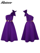 Mlaiscsr Woman One Shoulder Bow High Waisted Birthday Party Wedding Elegant A Line Pleated White Mid Dresses with Belt Outfits