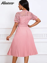 Mlaiscsr Elegant Luxury Wedding Guest Pleated Dresses with Belt Women O Neck Lace Patchwork Short Sleeve Birthday Party Robe New